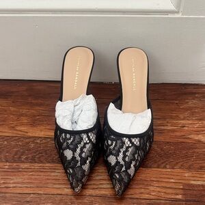 Loeffler Randall Black Lace Pointed Mules with Nude Insole